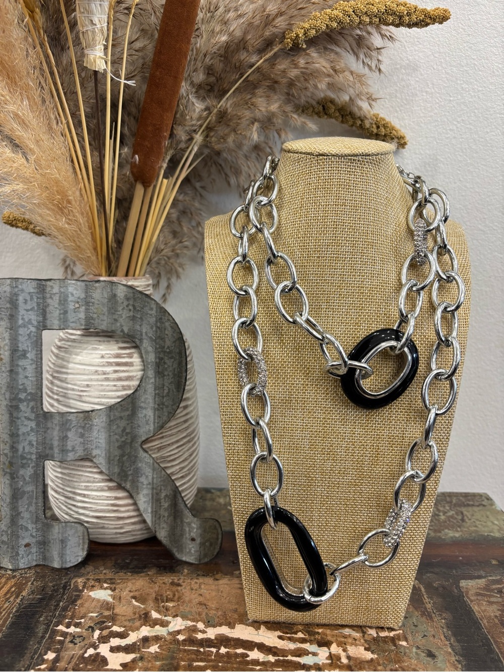 Chico's Silver-Tone Chain Necklace with Black Resin Links